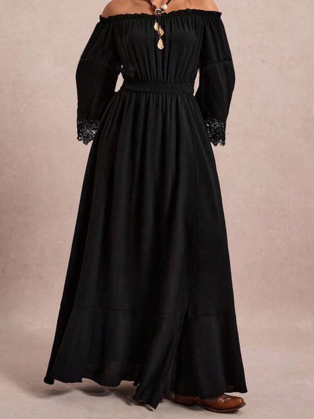 Black Maxi Dress with Crochet Bell Sleeves